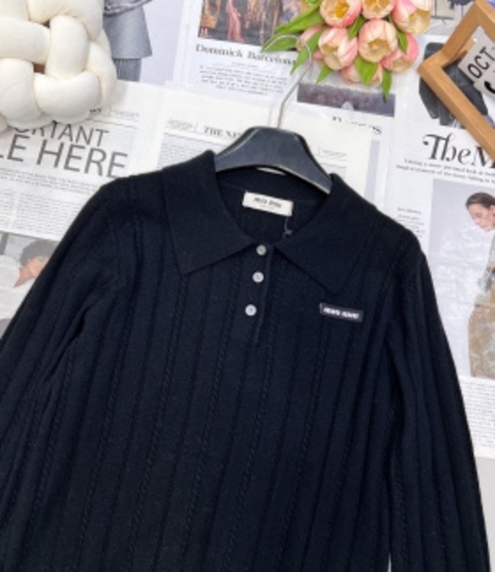 🖤Miu Miu Black Ribbed‑Knit Polo Collar Long‑Sleeve Sweater - Picture 5 of 8